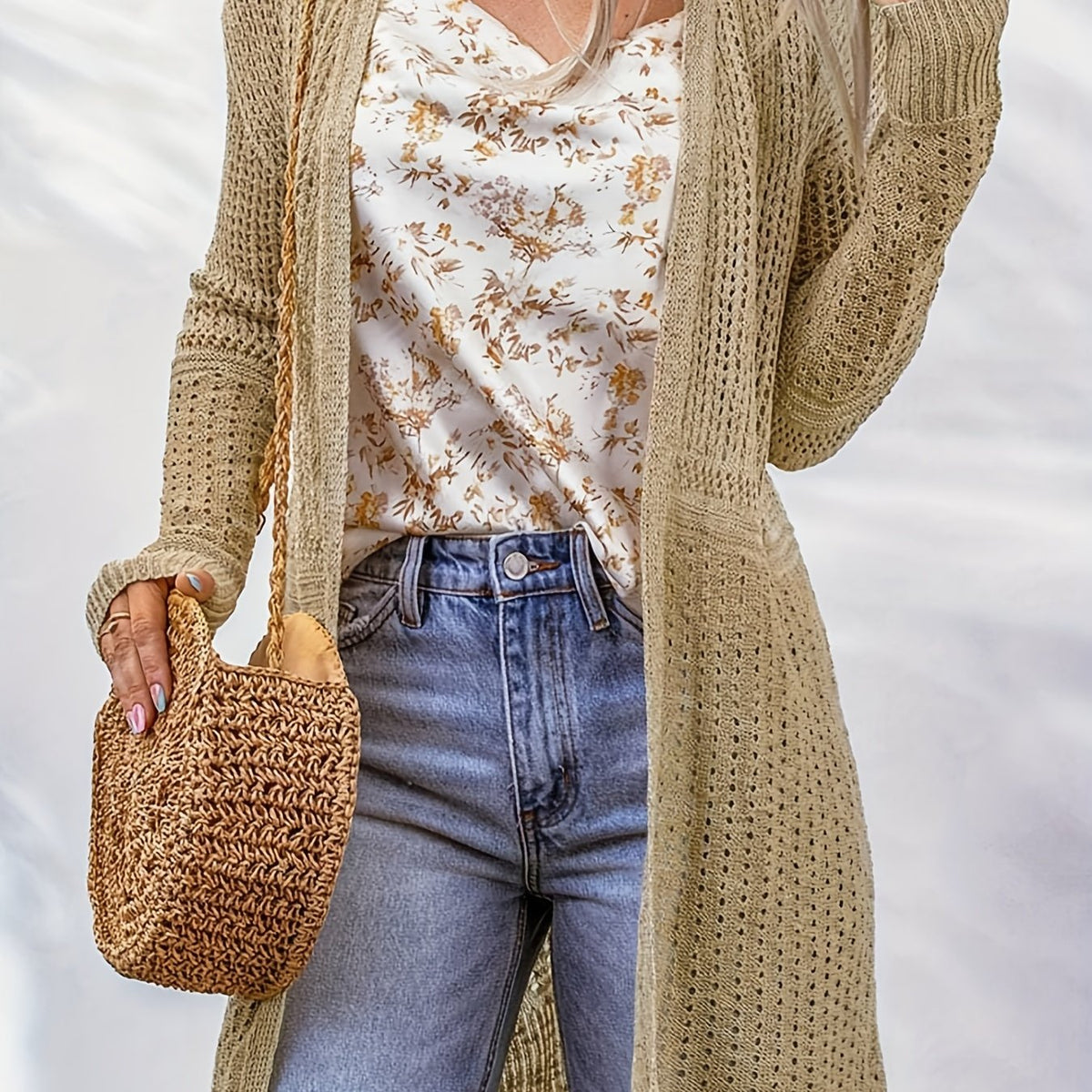  Casual Cardigan Solid Eyelet Embroidered Open Front Long Sleeve