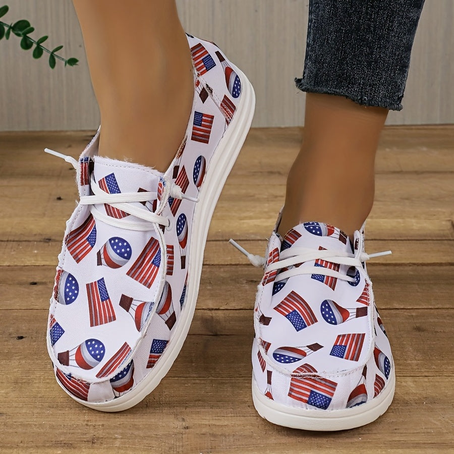 Women's Flag Pattern Flat Loafers Low Lace Up Round Toe Lightweight Shoes