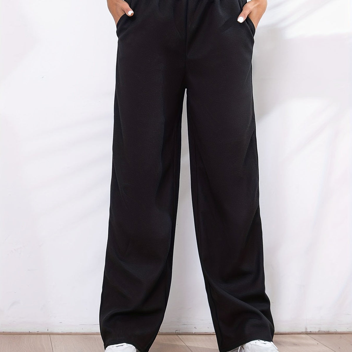 Solid Elastic Waist Straight Leg Pants Casual Loose Drape Pocket Pants