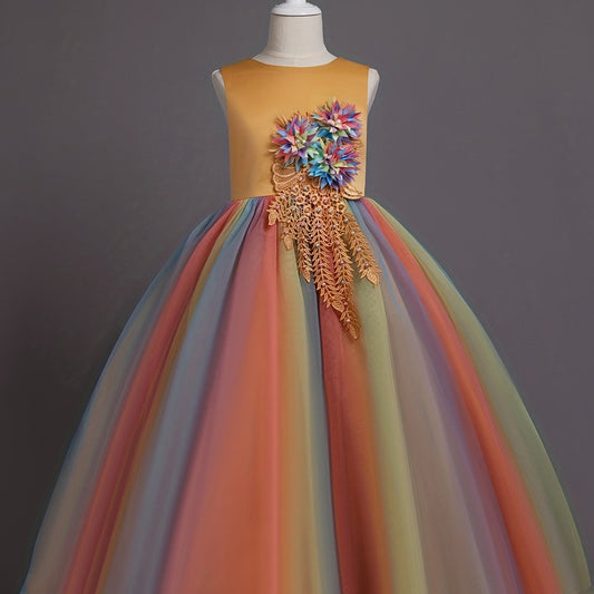 Girls Rainbow Tutu Party Princess Dress Sleeveless 3D Flower Decor Ball Gown