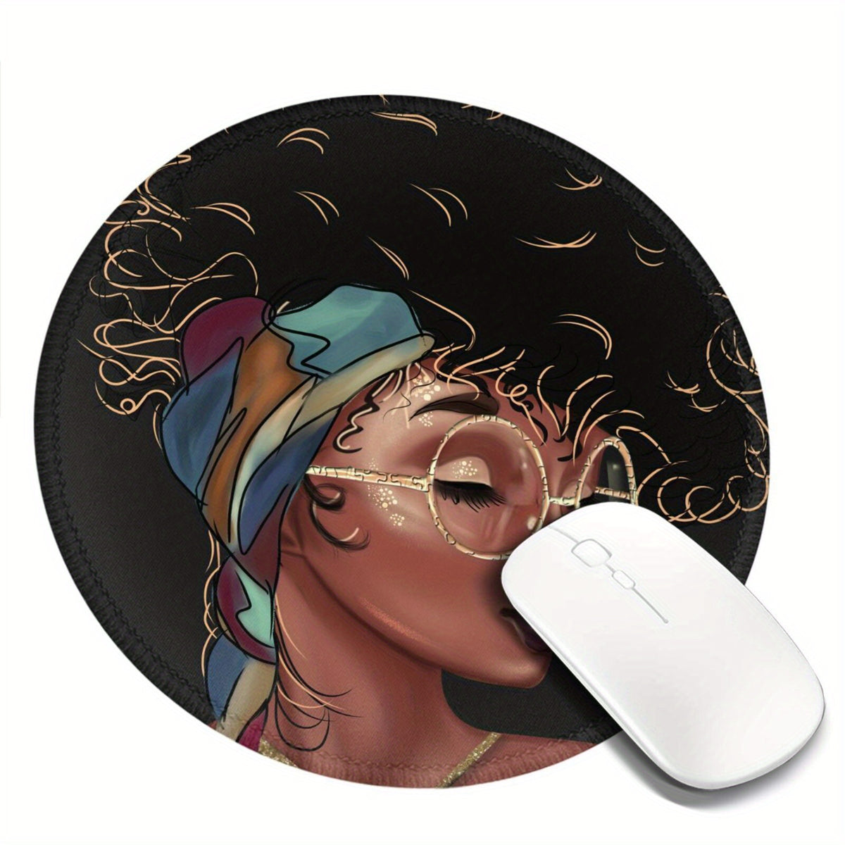 Afro American Girls Round Mouse Pad Non Slip Rubber Base Waterproof