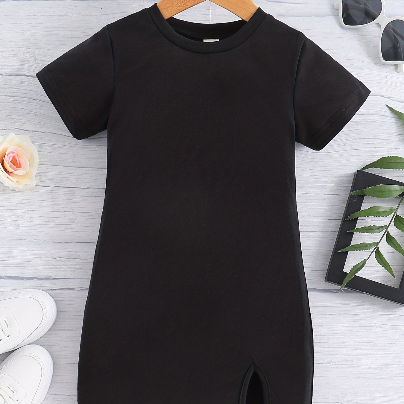 Girl's Crew Neck Short Sleeve Side Slit Casual Dress