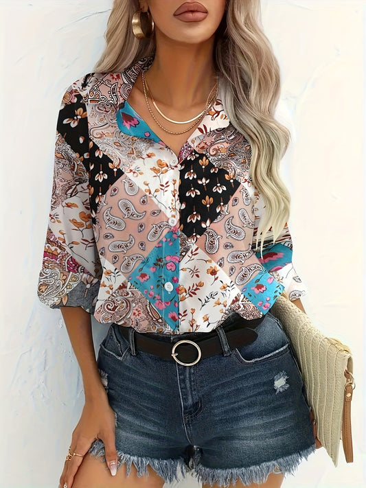  Boho Blouse Women's Plus Paisley Print Button Up Long Sleeve Blouse