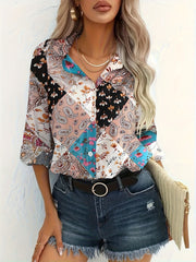  Boho Blouse Women's Plus Paisley Print Button Up Long Sleeve Blouse
