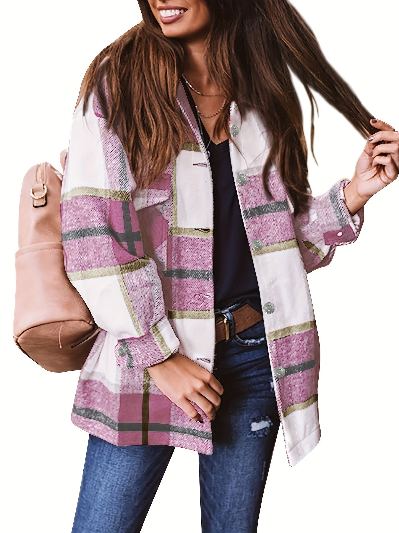 Plaid Print Shacket Jacket Long Sleeve Button Front Outerwear