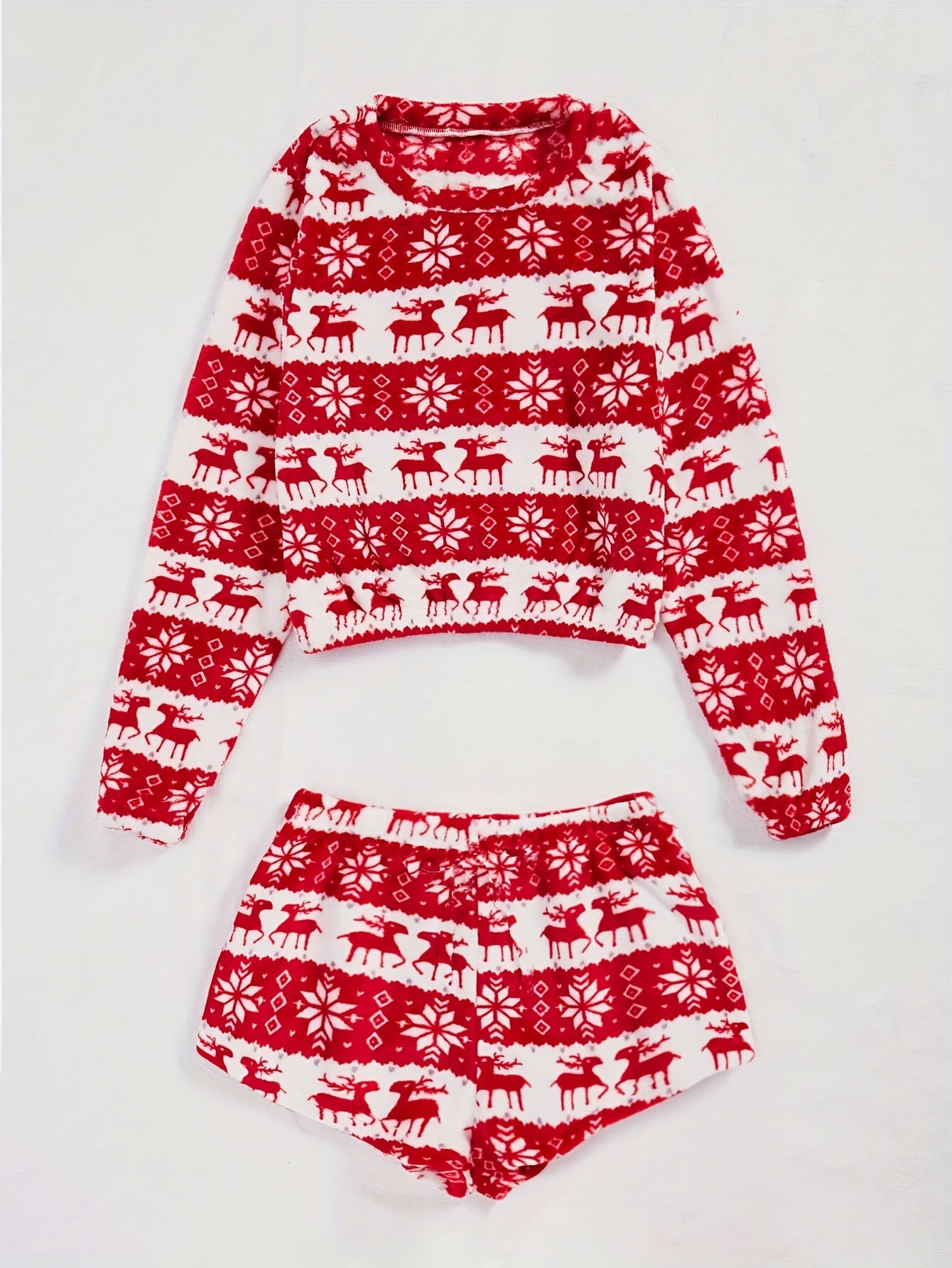 Christmas Plush Pajama Set Crew Neck Long Sleeve Top & Shorts