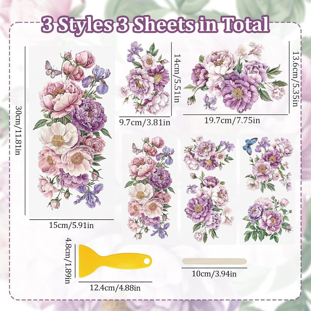 Purple Dreamy Flowers Transfer Decals, 3pcs