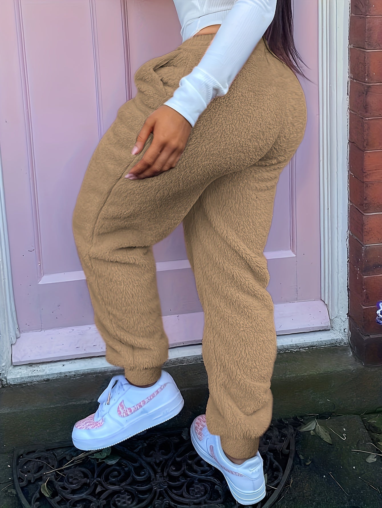  Solid Fleece High Rise Jogger Trousers