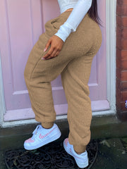  Solid Fleece High Rise Jogger Trousers