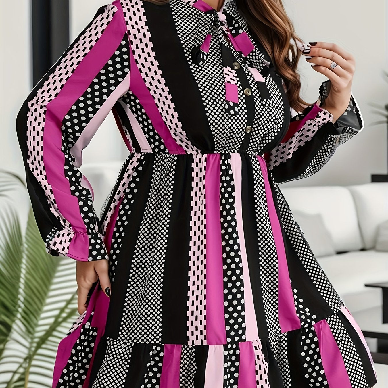  Colorblock Dot Print Lantern Sleeve Bow Knot Button Up Dress