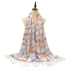 Colorful Cat Print Tassel Scarf Cartoon Shawl Casual Windproof Head Wrap