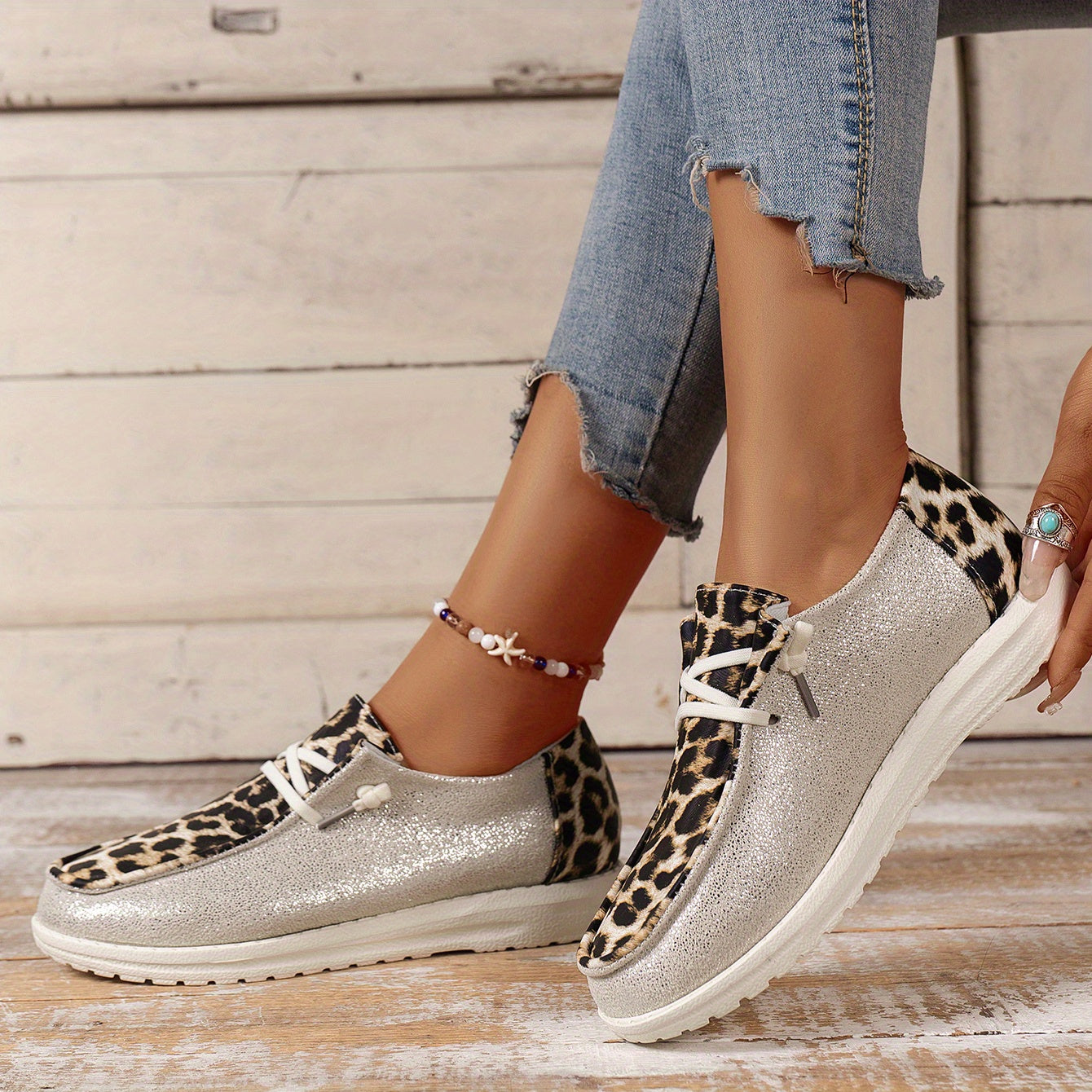 Women's Sequins Flat Loafers Lace Up Soft Sole Shoes