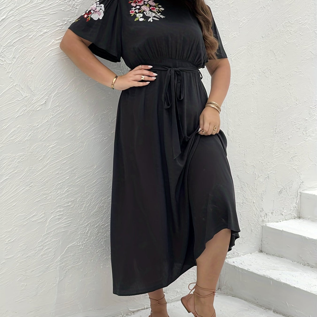  Floral Embroidered Short Sleeve Dress With Cut Out Tie Back
