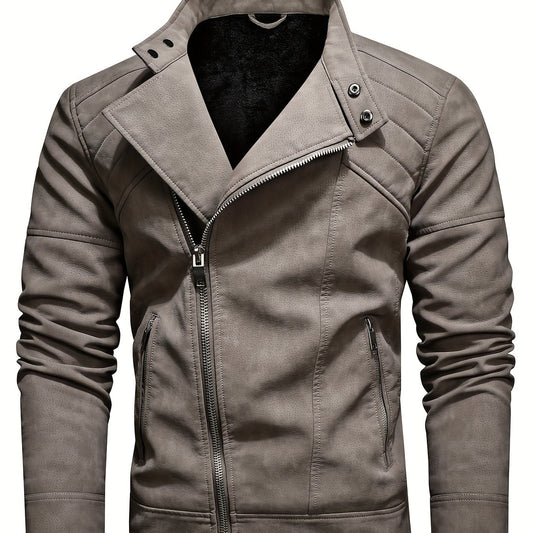Men's PU Leather Fleece Winter Jacket with Diagonal Zipper
