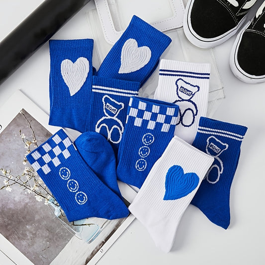 5 Pairs Love Bear Crew Socks Checkerboard Print Comfy Mid-tube Stockings