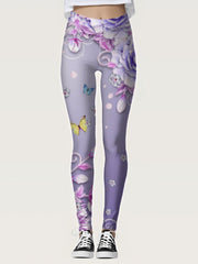 Floral Butterfly Print Skinny Leggings Women's Stretchy Leggings