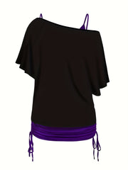 Gothic Bodycon 2pc Set Wings Pattern Slanted Shoulder Tops & Dress