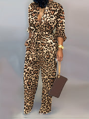 Leopard Print Tie Front Jumpsuit V Neck Long Sleeve Casual Jumpsuit