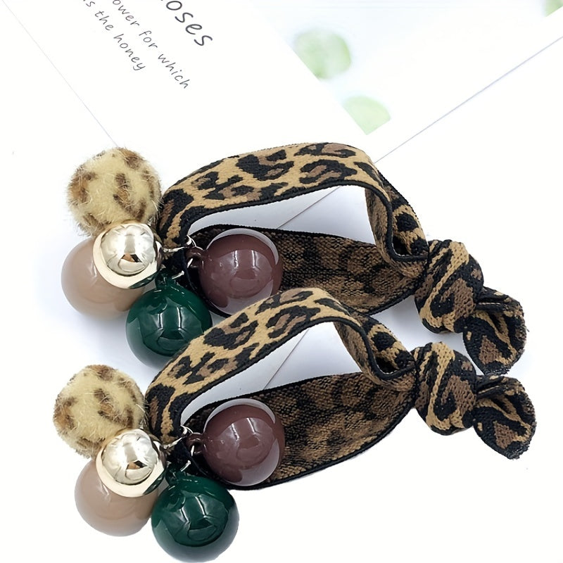 2pcs Leopard Print Rainbow Pearl Rhinestone Hair Tie Scrunchie Hair Accessories