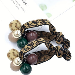 2pcs Leopard Print Rainbow Pearl Rhinestone Hair Tie Scrunchie Hair Accessories