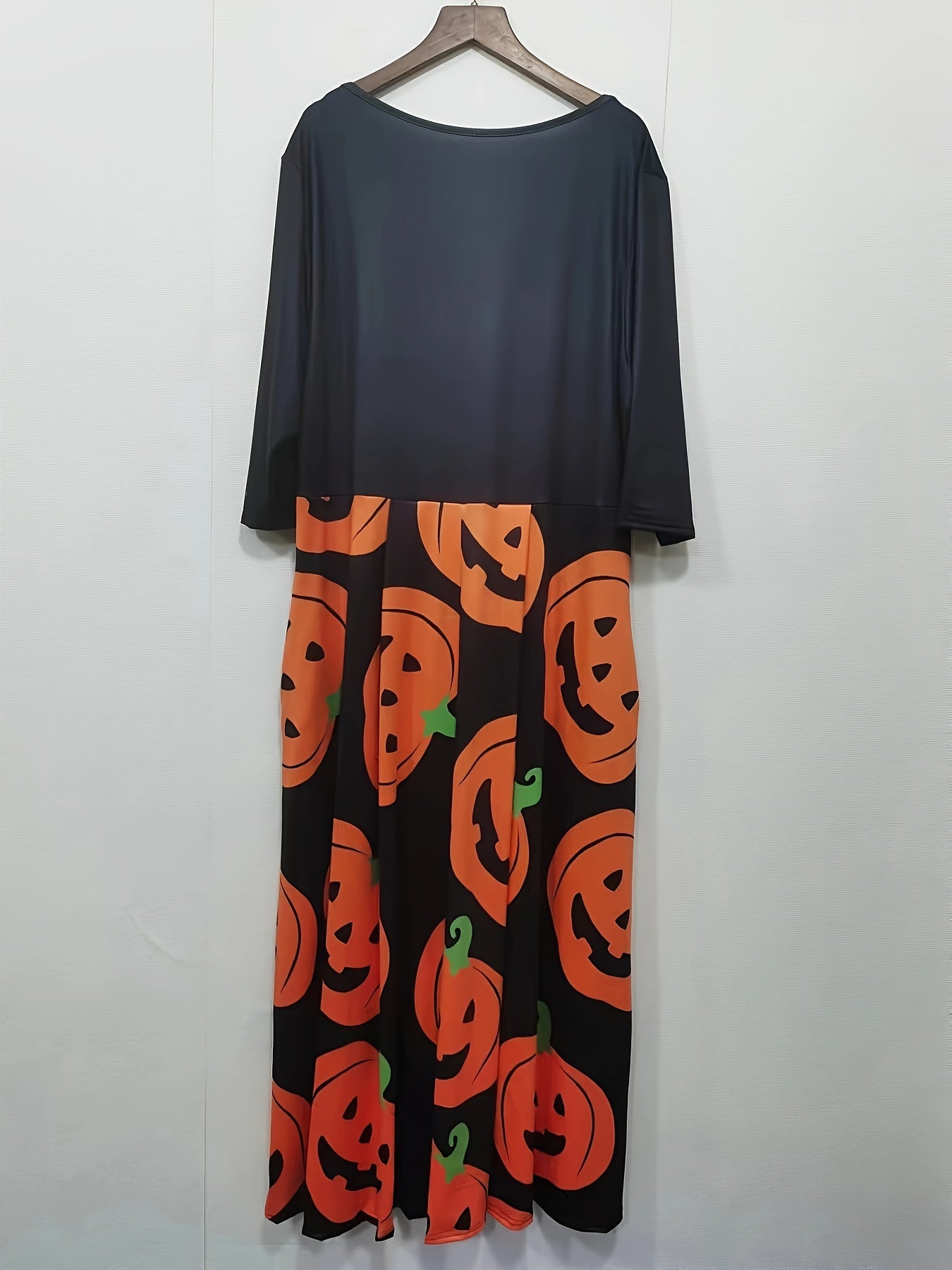  Colorblock Pumpkin Print Round Neck Dress With Pockets