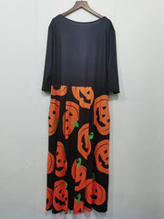  Colorblock Pumpkin Print Round Neck Dress With Pockets