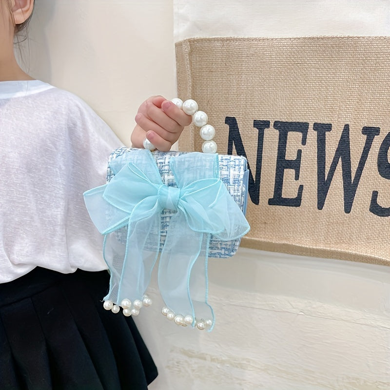 Kids Mesh Bow Handbag w/ Faux Pearl Handle Mini Messenger Bag