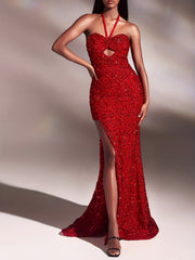 Sequined Split Dress Halter Neck Backless Dress for Party