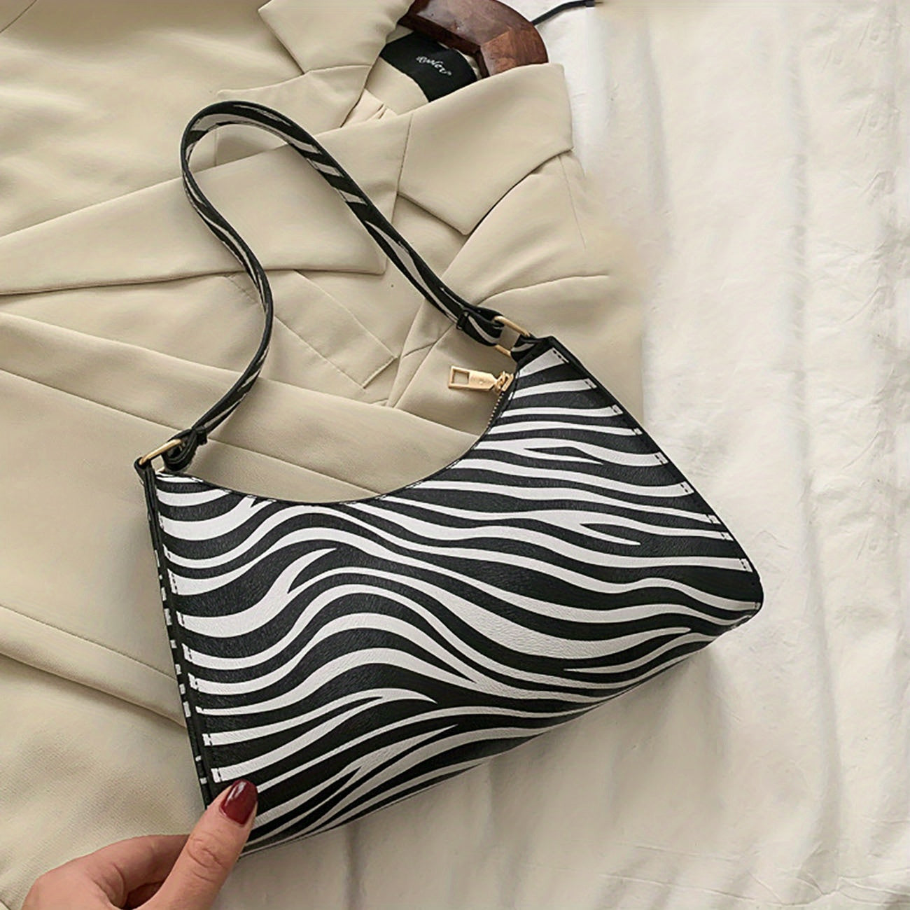 Animal Print Shoulder Bag Zipper PU Leather Versatile Crescent Bag