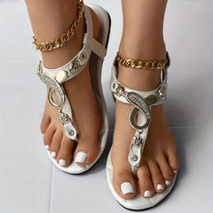 Women's Metal Decor Flat Thong Sandals Open Toe Buckle Strap Slingback Shoes