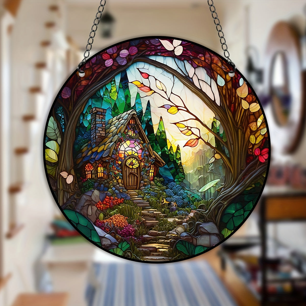 Forest House Suncatcher Stained Plastic Window Hanging Home Garden Decor
