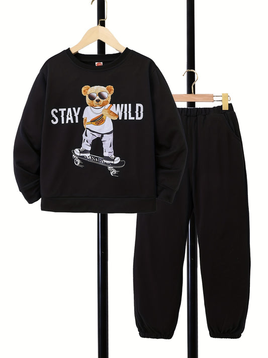 Boy's 2pcs Skateboard Bear STAY WILD Sweatshirt & Sweatpants Set