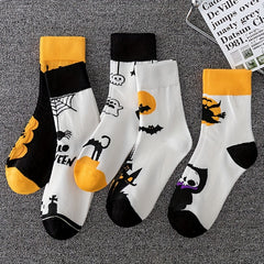 5 Pairs Ghost & Bat Print Socks Halloween Mid Tube Socks Women's Stockings