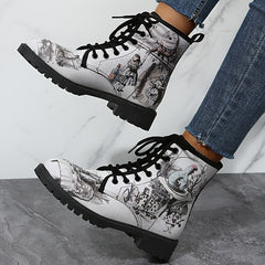 Gothic Style Print Ankle Boots Chunky Low Heel Lace Up Round Toe Combat Shoes