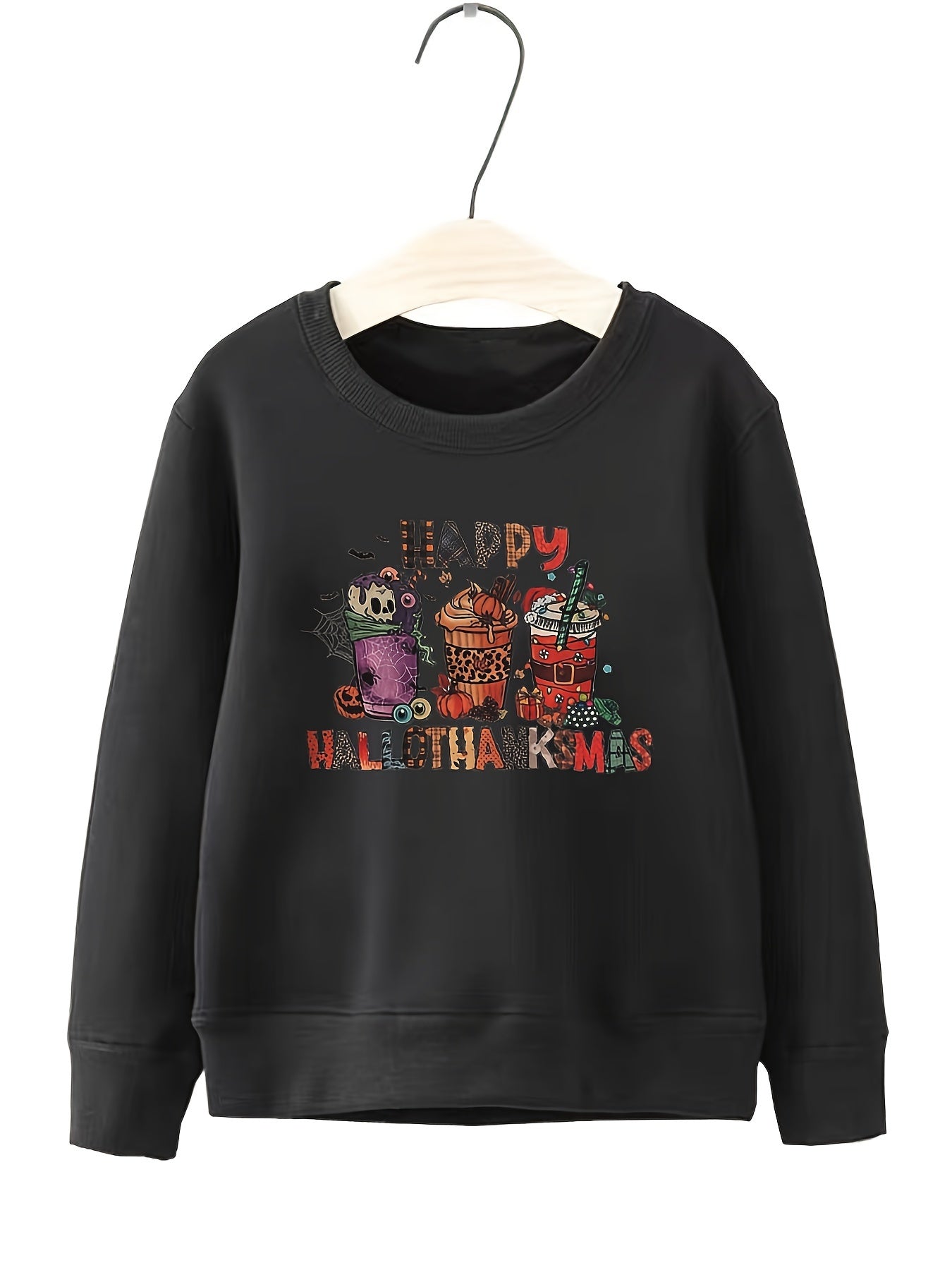 Halloween Beverages Pattern Round Neck Sweatshirt For Girls