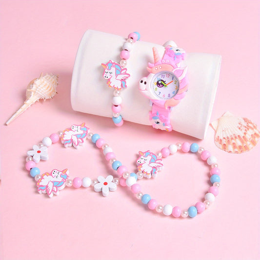 3pcs 3D Cartoon Horse Silicone Strap Girls' Watch