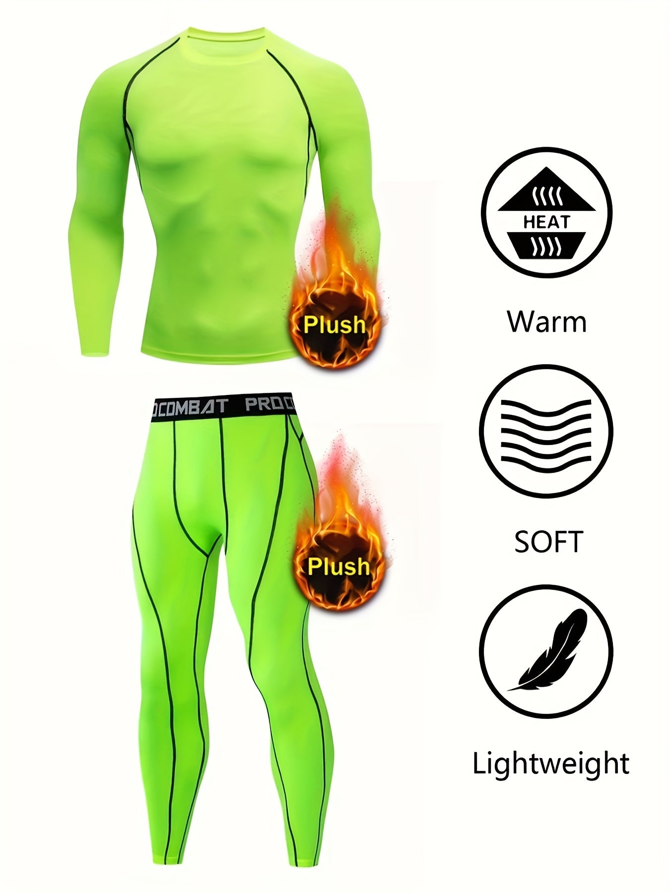 Men's Warm Fleece Underwear Set Sports Fitness Base Layer Long Sleeve Top & Pant