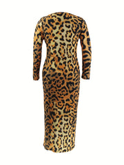  Leopard Print Long Sleeve Maxi Dress