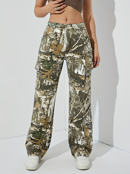Leaf Print High Waist Cargo Pants Women's Jeans