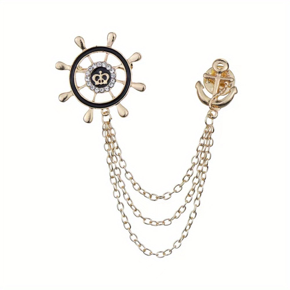 Men's Crystal Rhinestone Brooch Collar Pin Rudder Anchor Shirt Buckle