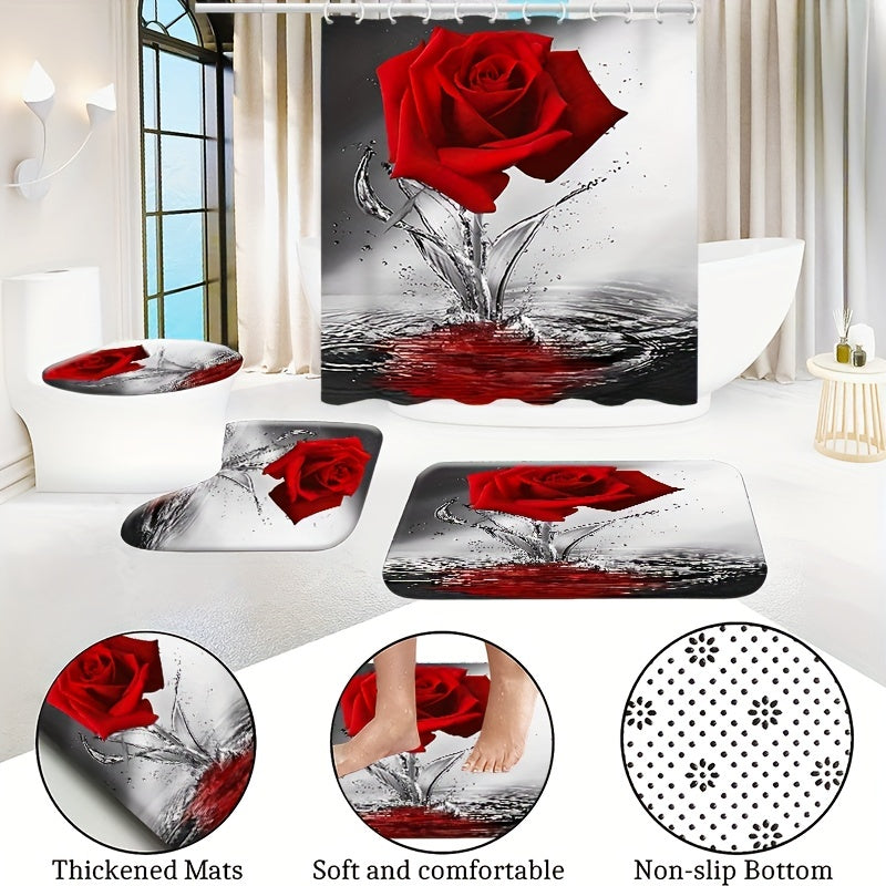 Red Rose Flower Shower Curtain Set with Non-Slip Rugs