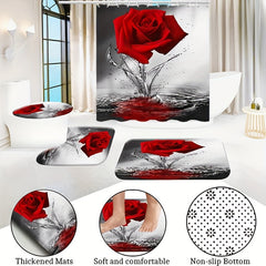 Red Rose Flower Shower Curtain Set with Non-Slip Rugs