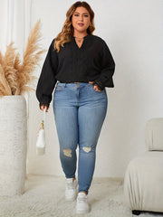  Ribbed Lace Trim Lantern Sleeve V Neck Top