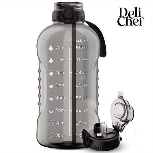 3.8L Water Bottle with Time Marker & Lid - Leakproof, Straw, Gym, Fitness, Outdo