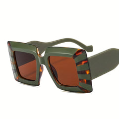 Oversized Square Frame Sunglasses Block Striped Glasses Wide Temple UV400