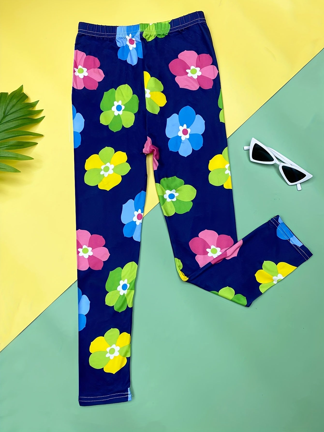 Girls Colorful Flowers Stretch Yoga Pants High Waist Slim Leggings