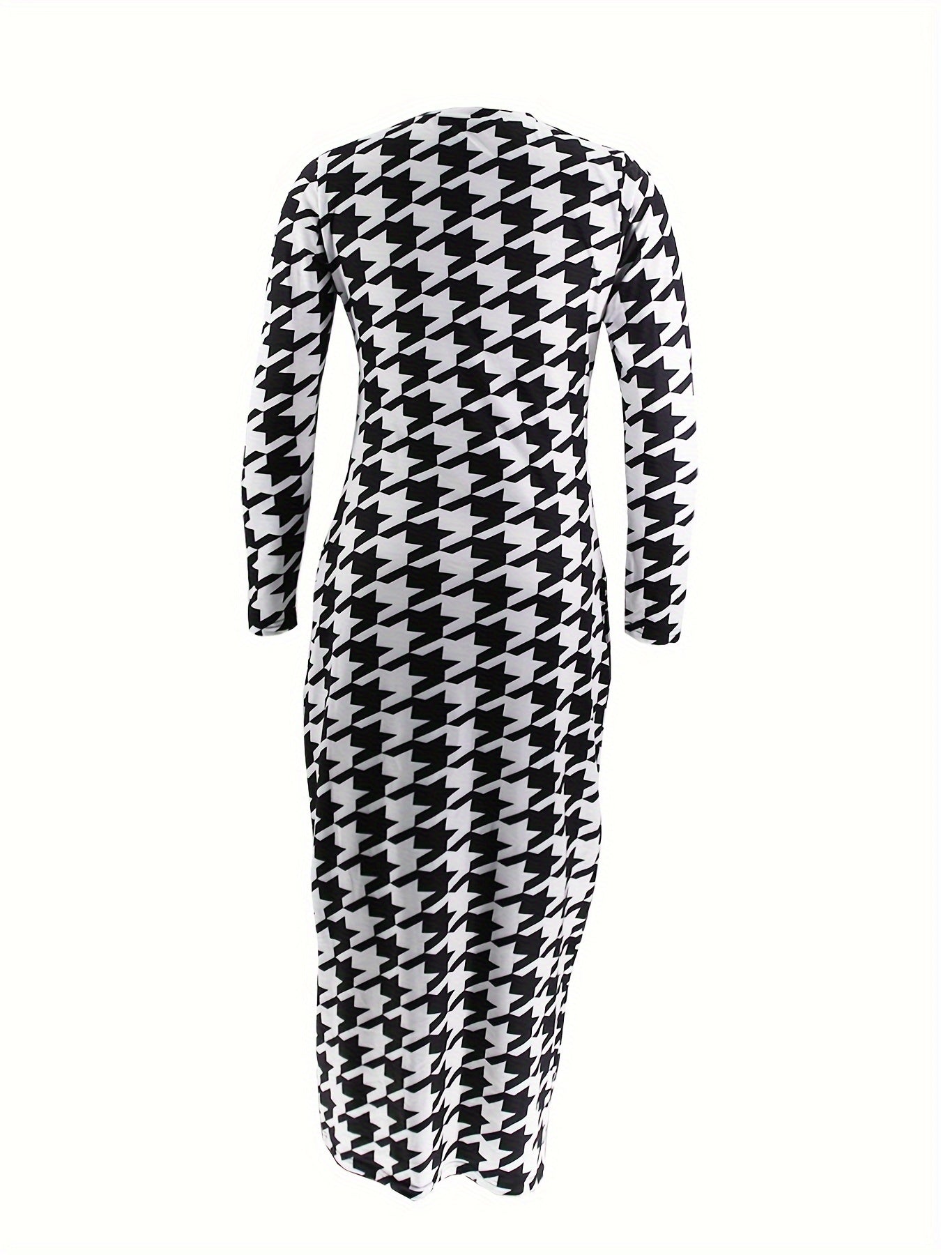  Houndstooth Print Long Sleeve Round Neck Maxi Dress