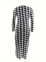  Houndstooth Print Long Sleeve Round Neck Maxi Dress