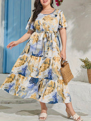  Marble Print Butterfly Sleeve Maxi Smock Dress With Belt