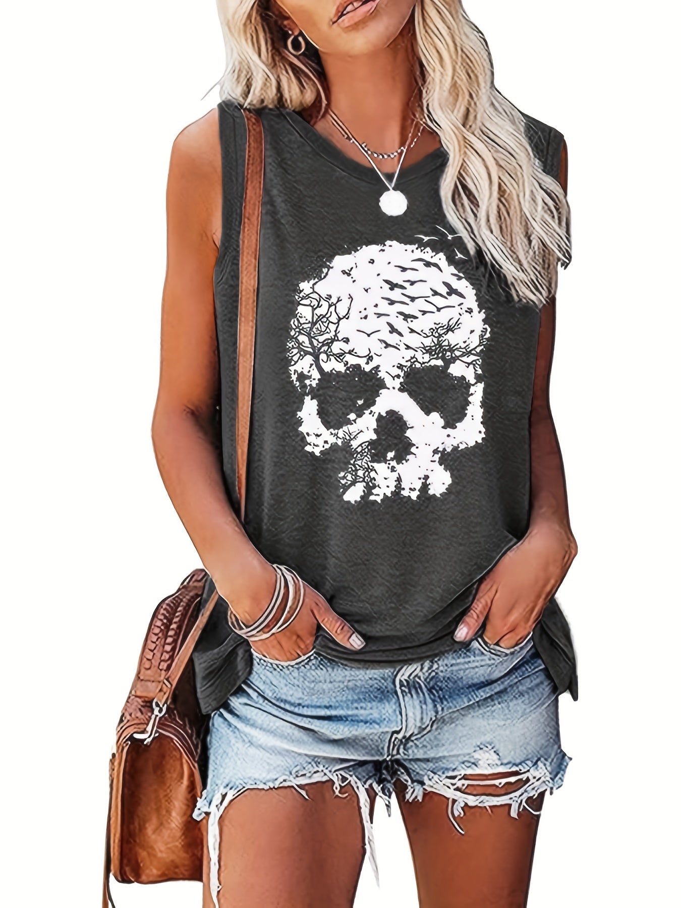 Skull Print Tank Top Sleeveless Casual Top For Summer